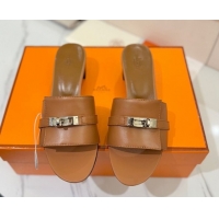 Lowest Price Hermes Gigi Heel Slides Sandal 4.5cm in Smooth Calfskin with Kelly Buckle Brown 0421040