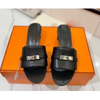 Duplicate Hermes Gigi Heel Slides Sandal 4.5cm in Smooth Calfskin with Kelly Buckle Black 0421041