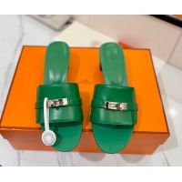 Luxurious Hermes Gigi Heel Slides Sandal 4.5cm in Smooth Calfskin with Kelly Buckle Green 0421042