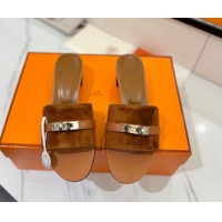 Perfect Hermes Gigi Heel Slides Sandal 4.5cm in Suede with Kelly Buckle Brown 0421043