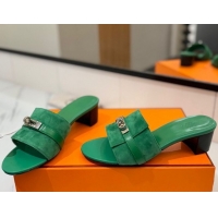 Cheap Price Hermes Gigi Heel Slides Sandal 4.5cm in Suede with Kelly Buckle Green 0421046