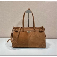 Big Discount Prada Bonnie large suede handbag 1BA433 Brown 2025