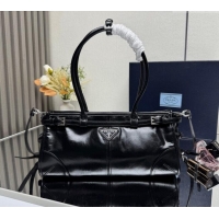 Good Quality Prada Bonnie medium leather handbag 1BA426 Black/Silver 2025
