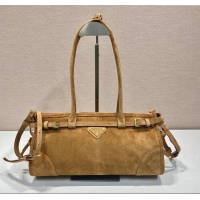 Promotional Prada Bonnie Medium Suede handbag 1BA426 Dark Beige 2025
