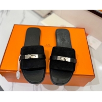 Charming Hermes Giulia Flat Slides Sandal in Suede with Kelly Buckle Strap Black 0421047