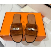 Stylish Hermes Giulia Flat Slides Sandal in Suede with Kelly Buckle Strap Brown 0421048