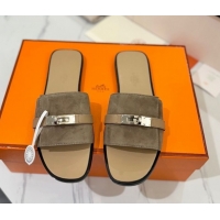 Grade Quality Hermes Giulia Flat Slides Sandal in Suede with Kelly Buckle Strap Grey 0421049