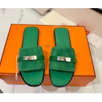 Perfect Hermes Giulia Flat Slides Sandal in Suede with Kelly Buckle Strap Green 0421050