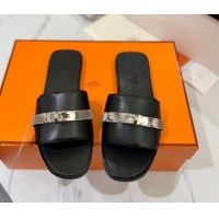 Sumptuous Hermes Giulia Flat Slides Sandal in Calfskin Leather with Kelly Buckle Strap Black 0421051