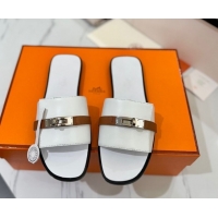 Pretty Style Hermes Giulia Flat Slides Sandal in Calfskin Leather with Kelly Buckle Strap White 0421052