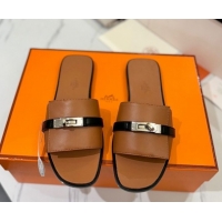 Best Price Hermes Giulia Flat Slides Sandal in Calfskin Leather with Kelly Buckle Strap Brown 0421053