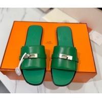 Good Quality Hermes Giulia Flat Slides Sandal in Smooth Calfskin with Kelly Buckle Strap Green 0421054