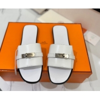 Good Looking Hermes Giulia Flat Slides Sandal in Smooth Calfskin with Kelly Buckle Strap White 0421055