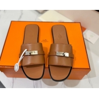 Purchase Hermes Giulia Flat Slides Sandal in Smooth Calfskin with Kelly Buckle Strap Brown 0421057
