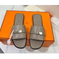 Best Product Hermes Giulia Flat Slides Sandal in Smooth Calfskin with Kelly Buckle Strap Grey 0421058