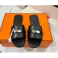 Grade Hermes Giulia Flat Slides Sandal in Smooth Calfskin with Kelly Buckle Strap Black 0421059