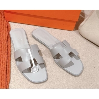 Charming Hermes Oran Classic Flat Slides Sandal in Smooth Calfskin Light Grey 0421061
