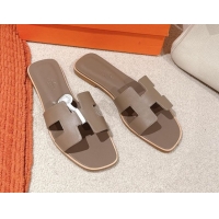Duplicate Hermes Oran Classic Flat Slides Sandal in Smooth Calfskin Elephant Grey 0421063