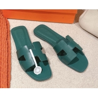 Hot Style Hermes Oran Classic Flat Slides Sandal in Smooth Calfskin Dark Green 0421064