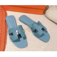 Shop Cheap Hermes Oran Classic Flat Slides Sandal in Smooth Calfskin Light Blue 0421065
