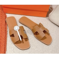 Buy Luxury Hermes Oran Classic Flat Slides Sandal in Smooth Calfskin Light Brown 0421067