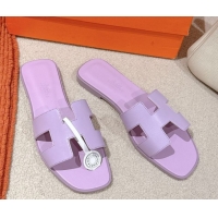 Top Design Hermes Oran Classic Flat Slides Sandal in Smooth Calfskin Light Purple 0421068