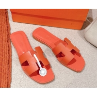 Unique Discount Hermes Oran Classic Flat Slides Sandal in Smooth Calfskin Orange 0421071