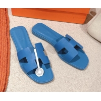 Crafted Hermes Oran Classic Flat Slides Sandal in Smooth Calfskin Blue 0421072