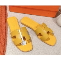Best Grade Hermes Oran Classic Flat Slides Sandal in Smooth Calfskin Yellow 0421073