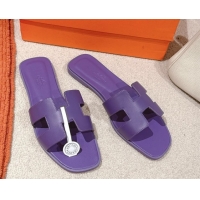Low Price Hermes Oran Classic Flat Slides Sandal in Smooth Calfskin Dark Purple 0421074