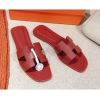 Big Discount Hermes Oran Classic Flat Slides Sandal in Smooth Calfskin Dark Red 0421075