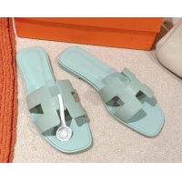 Classic Hot Hermes Oran Classic Flat Slides Sandal in Smooth Calfskin Light Green 0421076
