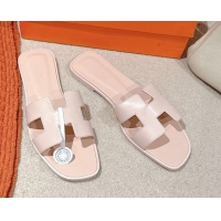 Discount Fashion Hermes Oran Classic Flat Slides Sandal in Smooth Calfskin Nude Pink 0421077