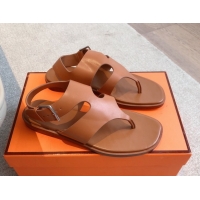 Fashion Luxury Hermes Karen Flat Sandals in Calfskin Leather Brown 0421078