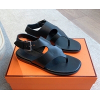 Fashion Hermes Karen Flat Sandals in Calfskin Leather Black 0421079