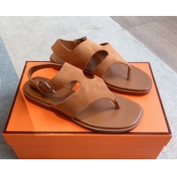 Luxurious Hermes Karen Flat Sandals in Suede Brown 0421081