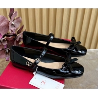 Luxurious Valentino Mary-Janes Ballerinas Flats with Bow in Patent Leather Black VLTN02251