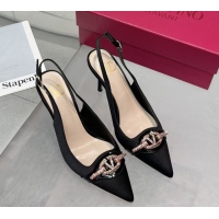 Grade Quality Valentino The Bold Edition VLogo Satin Slingback Pumps 8cm with Strass Black/Multi VLTN02252