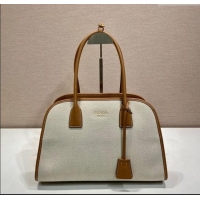 Buy Inexpensive Prada Medium linen blend and leather tote bag 1BG572 Brown 2025