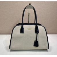 Luxury Discount Prada Medium linen blend and leather tote bag 1BG572 Black 2025