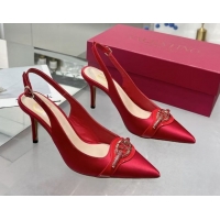Good Looking Valentino The Bold Edition VLogo Satin Slingback Pumps 8cm with Strass Red VLTN02252