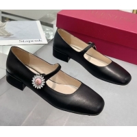 Best Grade Valentino Preshoes Mary-Janes Ballerinas Flats in Calf Leather with Jeweled Button Black 0225103