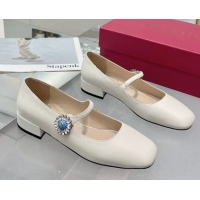 Pretty Style Valentino Preshoes Mary-Janes Ballerinas Flats in Calf Leather with Jeweled Button White 0225104