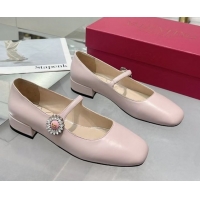 Best Price Valentino Preshoes Mary-Janes Ballerinas Flats in Calf Leather with Jeweled Button Light Pink 0225105
