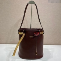 Top Grade Prada Buckle leather bucket bag with jeweled belt 1BE085 Briarwood Brown 2025