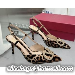 Low Price Valentino Vlogo Slingback Pumps 8cm in Leopard Print Leather Brown 2025 VLTN02253
