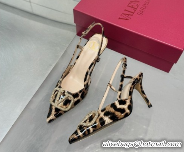Low Price Valentino Vlogo Slingback Pumps 8cm in Leopard Print Leather Brown 2025 VLTN02253