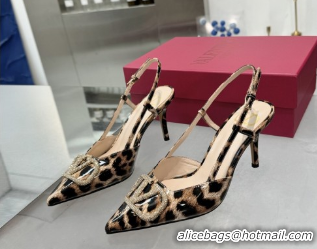 Low Price Valentino Vlogo Slingback Pumps 8cm in Leopard Print Leather Brown 2025 VLTN02253