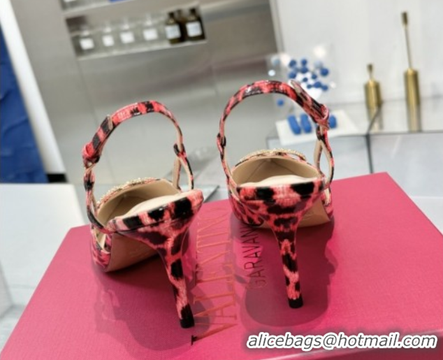Super Valentino Vlogo Slingback Pumps 8cm in Leopard Print Leather Pink 2025 VLTN02253