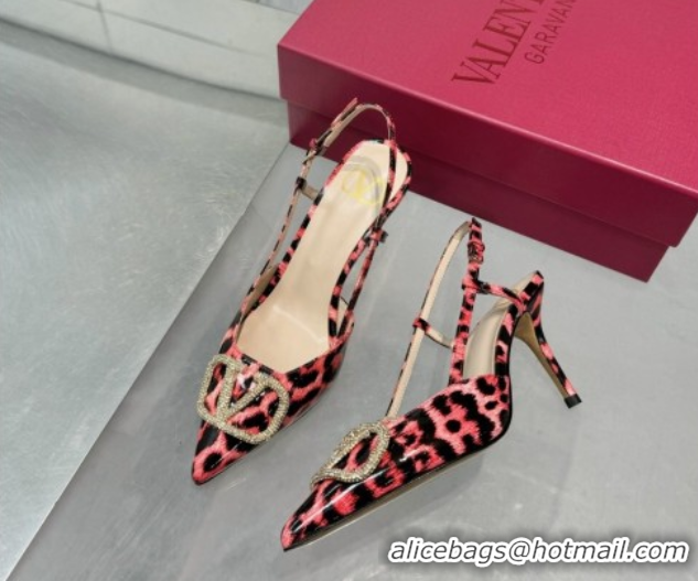 Super Valentino Vlogo Slingback Pumps 8cm in Leopard Print Leather Pink 2025 VLTN02253